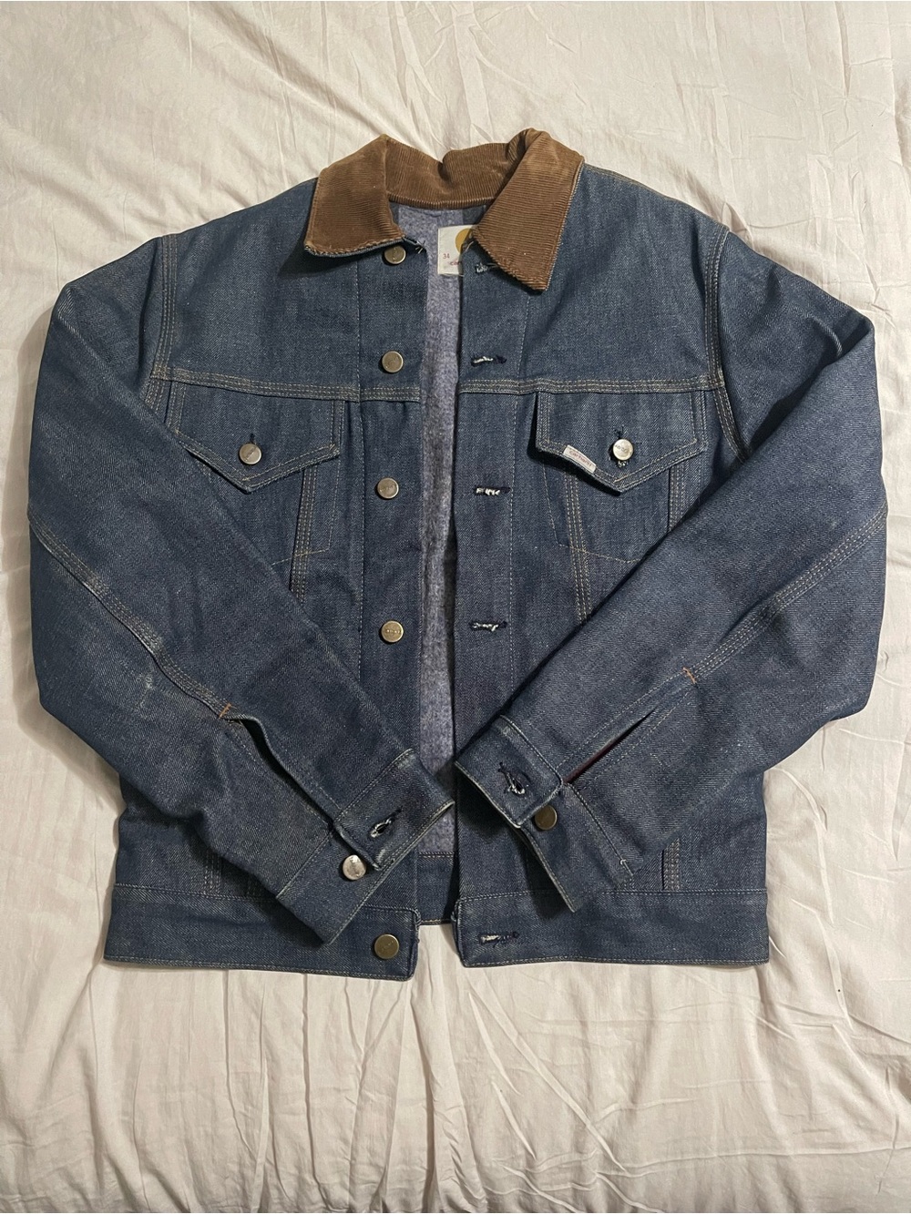 Carhartt Indigo Denim Jacket with Brown Corduroy Collar